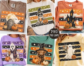 Pacchetto di immagini PNG con pennellate di Halloween, fantasma vintage, procione, mucca delle Highlands, strisce a pois, disegni spettrali per magliette a sublimazione.