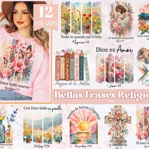 May include: A digital collection of 12 religious graphic designs featuring watercolour floral patterns, landscapes, and biblical quotes in Spanish. The images include depictions of Jesus, a cross, books, and butterflies with text such as Dios es Amor.