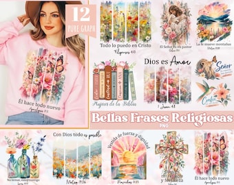 May include: A digital collection of 12 religious graphic designs featuring watercolor floral patterns, landscapes, and biblical quotes in Spanish. The images include depictions of Jesus, a cross, books, and butterflies with text such as Dios es Amor.