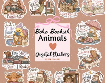 Pacchetto PNG di animali in stile boho-bookish, simpatici adesivi digitali di animali che leggono, clipart PNG per amanti dei libri in stile accogliente,