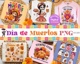 Pacchetto PNG Dia de Muertos, adesivi digitali stampabili PNG, Catrina Floral Calavera PNG, Pan Dulce PNG, disegni colorati di arte popolare messicana PNG