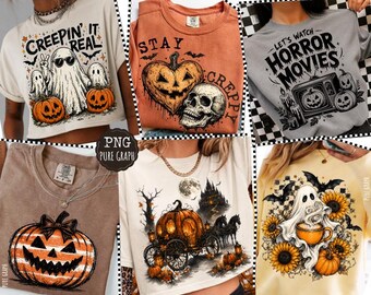 Pacchetto PNG vintage di Halloween, clipart spettrale di zucca, fantasma e teschio, design retrò per magliette horror, download digitale per sublimazione