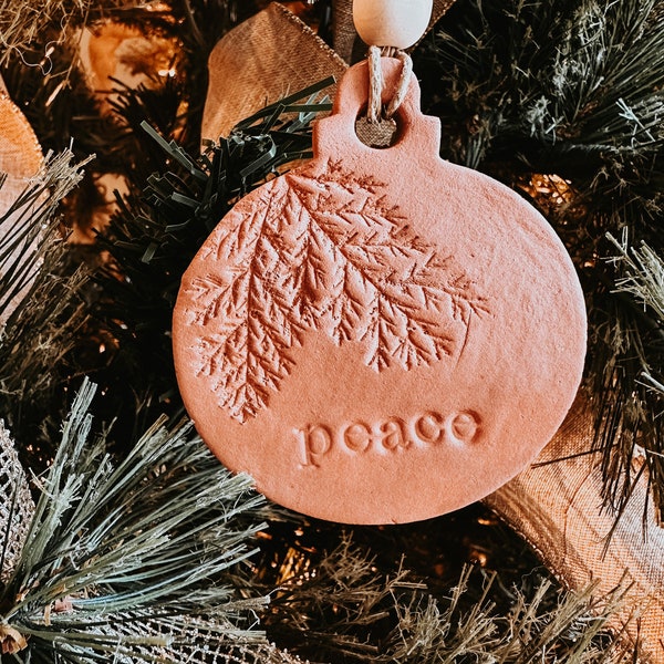 Terracotta Clay Textured Peace Ornament with Wooden Beads | Clay Gift Tag