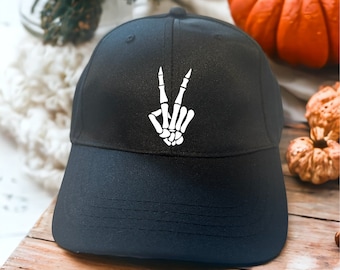 Skeleton Peace Sign Black Baseball Cap | Halloween Hat | skeleton hands | Peace sign