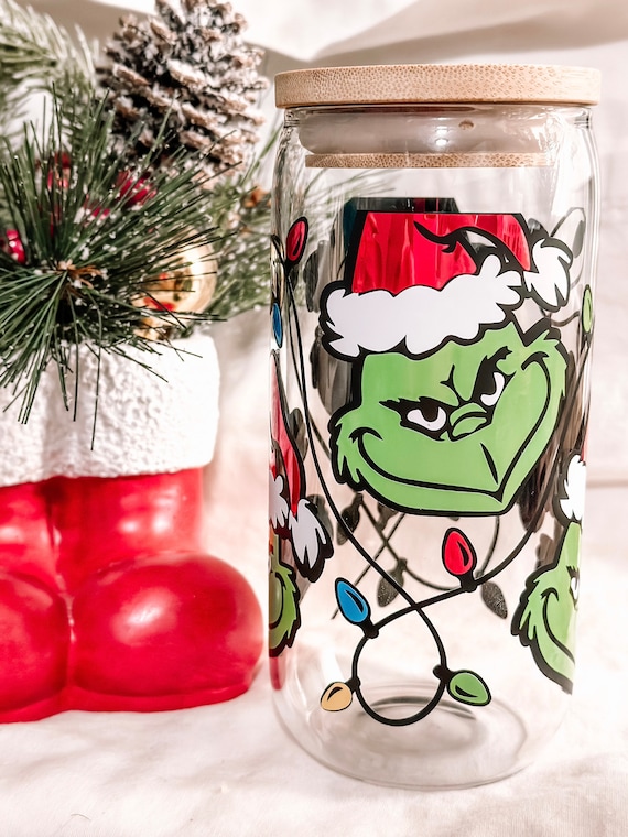 Grinch Christmas Light Can Glass | Grinchmas Cup | 16 oz cup with Bamboo  Lid and Glass Straw