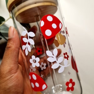 Mushroom Coffee Glass, Iced Coffee Glass, Coffee Bamboo Lid, 16oz Coffee Cup - Cold Cup