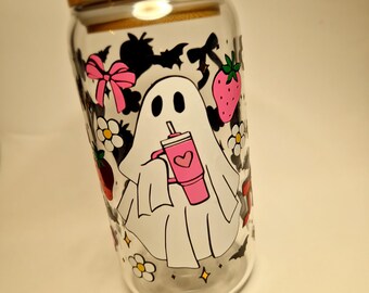 Girly Ghost Glass Can: 16oz Iced Coffee Cup with Bamboo Lid