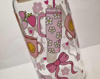 Strawberry Bow Glass Can: 16oz Libbey Coffee Cup with Bamboo Lid