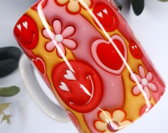 Retro Smiley Face Mug: Floral Self-Care Coffee Cup