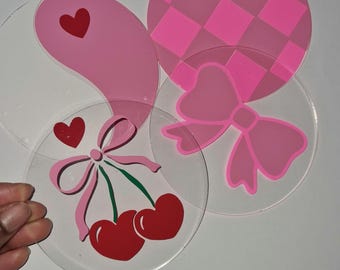 Valentines Day Acrylic Coasters: Pink Love Decor, Set of 2