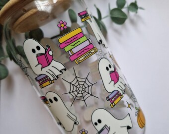 Bookish Ghost Glass Can: 16oz Libbey Halloween Iced Coffee Cup
