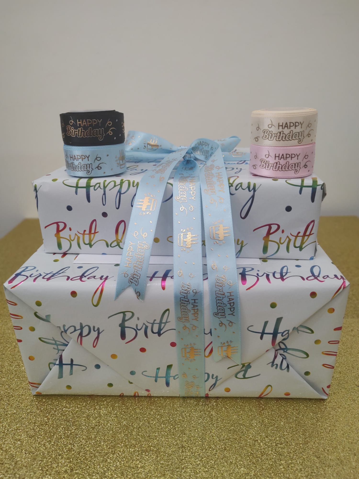Happy Birthday Ribbon Printed in Variegated Colours on White Satin