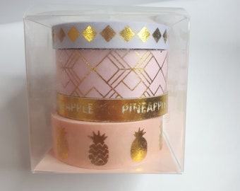 Cute Washi Tape Set of 4 Decorative Gold Blue and Pink Colors, perfect for DIY Project, Masking or Scrapbooking