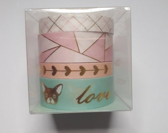 Cute Washi Tape Set of 4 Decorative Gold Blue and Pink Colors, perfect for DIY Project, Masking or Scrapbooking