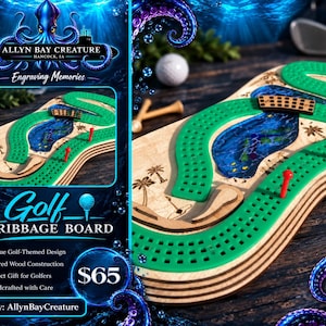 May include: A layered wood cribbage board with a golf theme, featuring a green track, a blue resin water hazard, a small wooden bridge, and two red pegs. The board includes etched palm trees and golf course details on the light wood surface.