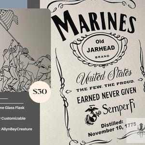May include: Black and white line art illustration of Marines raising a US flag. The image is on a white background with the text "MARINES Old JARHEAD BRAND United States THE FEW. THE PROUD. EARNED NEVER GIVEN Semper Fi Distilled: November 10, 1775".