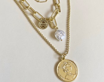 Gold Layered Coin Necklace: Pearl Pendant, Multi-Layered Chains