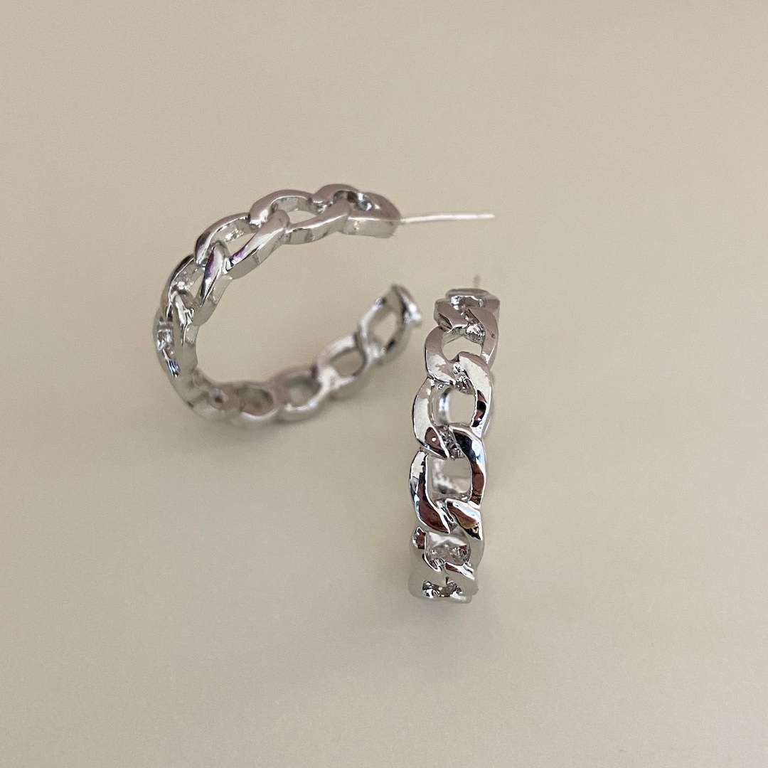 Silver Chain Link Hoop Earring Chain Hoop Earring Silver Hoop Earring