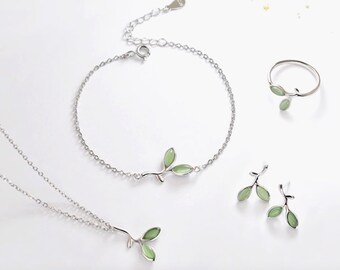 Leaves Jewelry Set, Leaf Bracelet, Silver Leaves Earrings, Tree Leaves Necklace, Leaves Ring, Olive Leaves Bracelet, Silver Ring, Birthday