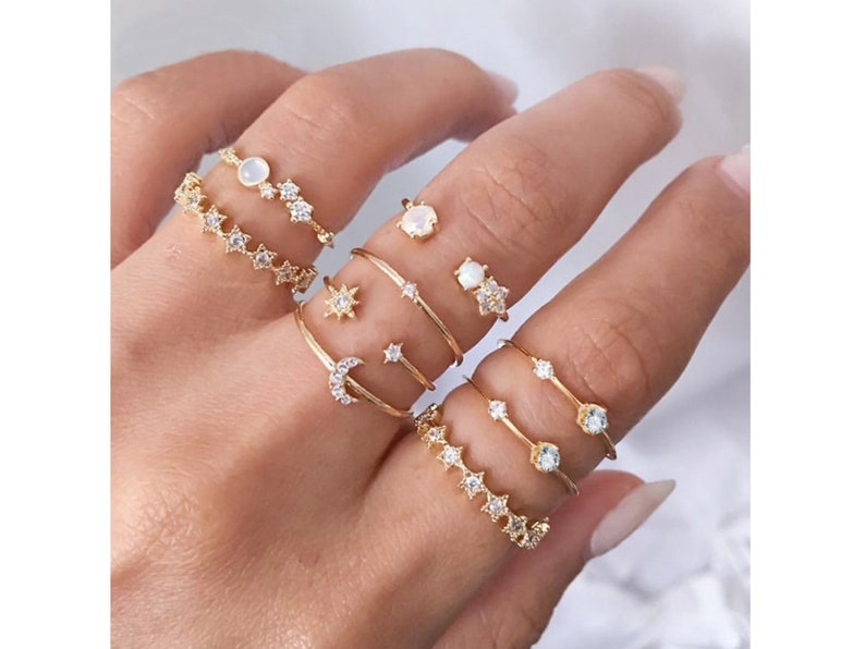 Boho Rings Set 9 of Zodiac Rings Zircon Rings Moon Rings Star Rings,Ring Set,Gift for Her,Astrology Constellation Ring Star Sign Rings