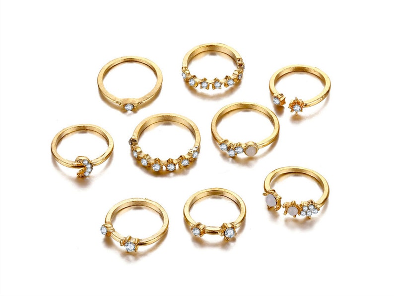Boho Rings Set 9 of Zodiac Rings Zircon Rings Moon Rings Star Rings,Ring Set,Gift for Her,Astrology Constellation Ring Star Sign Rings