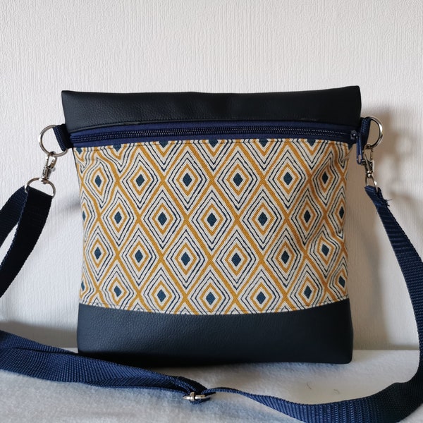 Kleine Umhängetasche Schultertasche Handtasche Canvas Stoff  Kunstleder gemustert Rauten Gelb Blau Kinder Handgefertigt Neu