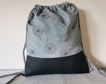 Rucksack Turnbeutel Sportbeutel Sporttasche abgefüttert Reißverschlussfach Pusteblumen Blau Kinder Canvas Stoff Kunstleder Handgefertigt Neu