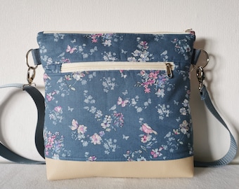 Umhängetasche Schultertasche Handtasche Damentasche Innenfächer Außenfach Baumwollstoff Kunstleder Blumen Muster Handgefertigt Neu