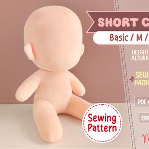 May include: A peach-colored plush doll base with a rounded head and sitting posture. Text on the image reads: SHORT CHIBI #2, Basic / M / Sitting A, HEIGHT 20 cm/8 in, SEWING PATTERN, PDF+VIDEO TUTORIALS, ENGLISH + ESPAÑOL, MonPattern.