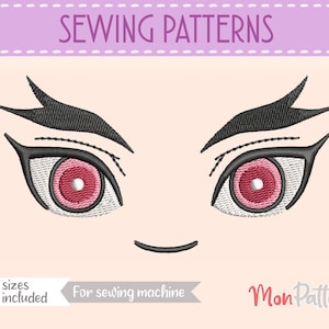 May include: Embroidery design for a pair of cartoon eyes with black eyelashes, pink irises, and white pupils. The design is for sewing machines and includes 5 sizes. The text "Sewing Patterns" and "Mon Pattern" are also included in the image.