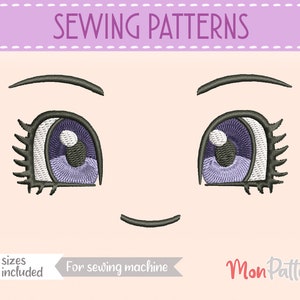 May include: Sewing pattern for a cartoon eye with purple and white details. The pattern includes 5 sizes and is for sewing machines. The text "Mom Pattern" is also included in the image.