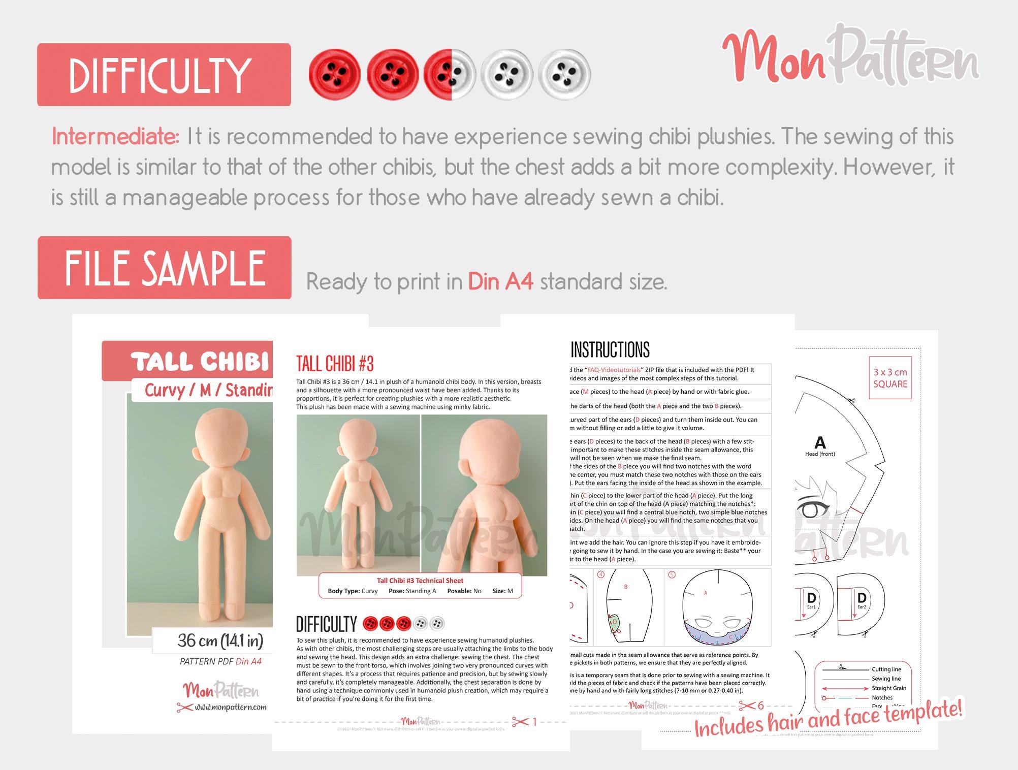 TALL CHIBI #3 Sewing Pattern | Female Chibi Plush Doll PDF | Anime Doll ...