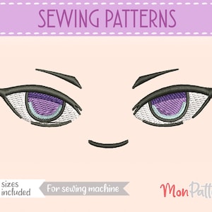 May include: Sewing pattern for a pair of cartoon eyes with purple irises and black eyelashes. The pattern includes 5 sizes and is for sewing machines. The text "Mon Pattern" is in the bottom right corner.