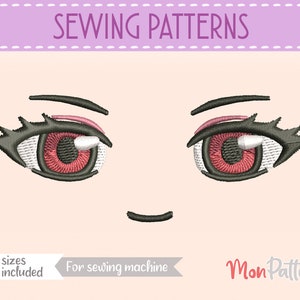 May include: Sewing pattern for a pair of anime eyes with black eyelashes, red irises, and pink eyelids. The pattern is available in 5 sizes and is for use with a sewing machine. The text "Mon Pattern" is included in the image.