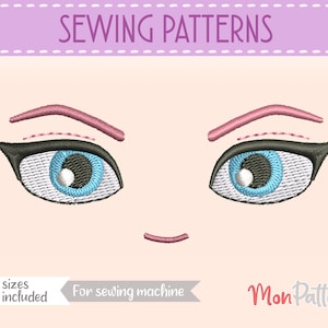 May include: Embroidery pattern for a pair of cartoon eyes with pink eyebrows, black eyelashes, blue irises, and white scleras. The pattern is available in six sizes and is for sewing machines. The text "Mom Pattern" is in the bottom right corner.