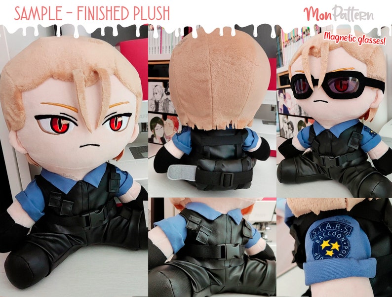 May include: A plush toy of a character wearing a blue shirt, black pants, and a black vest with a belt. The character has blonde hair, red eyes, and black sunglasses. The toy is sitting down with its legs crossed. The text "S.T.A.R.S. Raccoon City Police" is on the left arm of the toy.