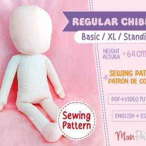 REGULAR CHIBI #7: Básico / XL / Em pé A (Padrão de costura em PDF) Espanhol - Inglês (Digital) Boneco de pelúcia humano Anime Tamanho real Enorme 25 pol. 64 cm