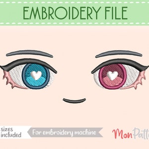 FACE 21 - Machine Embroidery File - 5 SIZES - (Digital English instructions) Custom Chibi Anime Eyes