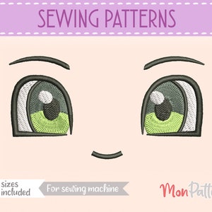 May include: Five embroidery patterns for sewing machine use, featuring a cartoon eye with green, white, and black details. The text "Sewing Patterns" is at the top of the image, and the text "Mon Pattern" is at the bottom.