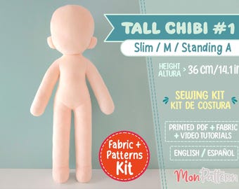 Kit de couture TALL CHIBI #2 : tissu minky, motif peluche (36 cm/14 en anglais/espagnol)