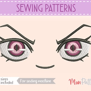 May include: Embroidered sewing pattern featuring a stylized anime face with pink eyes, black eyebrows, and a small smile. The text "SEWING PATTERNS" is at the top, with "5 sizes included" and "For sewing machine" at the bottom. The MonPattern logo is also visible.