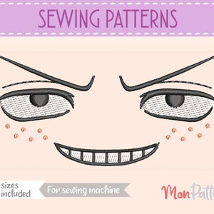 May include: Sewing pattern for a cartoon face with a mischievous expression. The face has two eyes, a smile, and freckles. The pattern includes 5 sizes and is for sewing machines. The text "Mon Pattern" is in the bottom right corner.