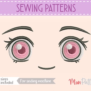 May include: Sewing patterns for a pair of anime-style eyes with pink irises and black eyelashes. The text "Sewing Patterns" is at the top of the image. The text "5 sizes included" is at the bottom left of the image. The text "For sewing machine" is at the bottom center of the image. The text "Mon Pattern" is at the bottom right of the image.