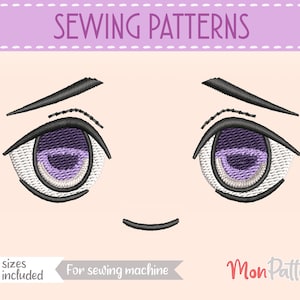 May include: Sewing pattern for a pair of cartoon eyes with purple irises and black eyelashes. The pattern is available in 5 sizes and is for use with a sewing machine. The text "Mon Pattern" is also included in the image.