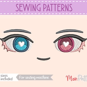 May include: Sewing patterns for a pair of eyes with hearts in the pupils. One eye is blue with a white heart, and the other is pink with a white heart. The text "SEWING PATTERNS" is at the top of the image. The text "5 sizes included" is at the bottom left of the image. The text "For sewing machine" is at the bottom center of the image. The text "Mon Pattern" is at the bottom right of the image.