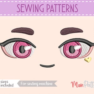 May include: Sewing patterns for a cartoon eye with pink and black details. The text "SEWING PATTERNS" is at the top of the image. The text "5 sizes included" is at the bottom left of the image. The text "For sewing machine" is at the bottom center of the image. The text "Mon Pattern" is at the bottom right of the image.