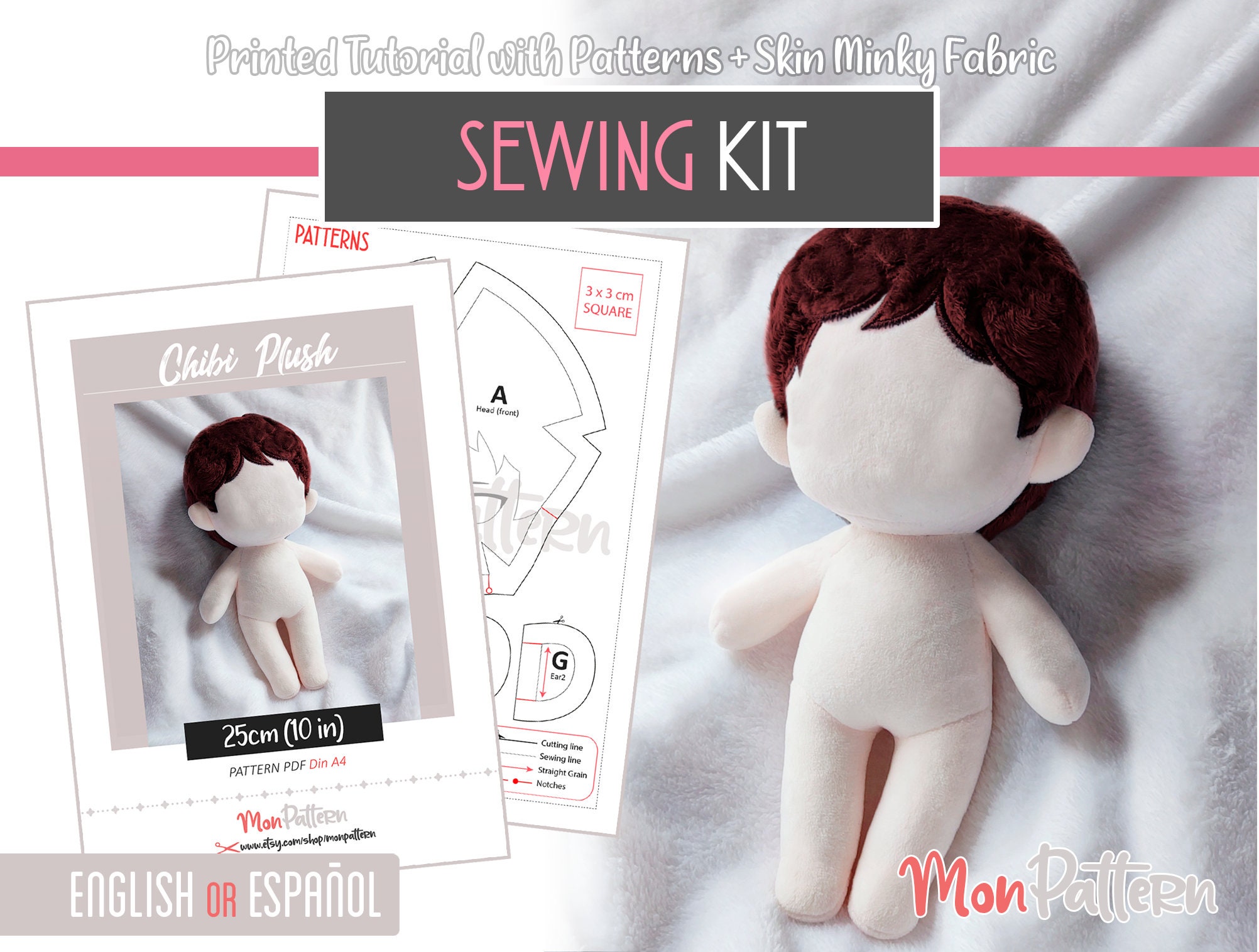 CHIBI Sewing Kit Human Doll Plush 25 Cm minky Fabric Sewing Pattern PRINTED  Spanish or English Instructions Include Plush Fabric 