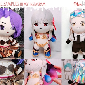 May include: Three plush toys, each with a different design. The first toy is a purple-haired character with a gold and brown outfit. The second toy is a white-haired character with a blue and gold outfit. The third toy is a white-haired character with a black and white outfit and a silver iridescent headpiece. The image includes the text "More Samples in My Instagram" and "Mon Pattern".