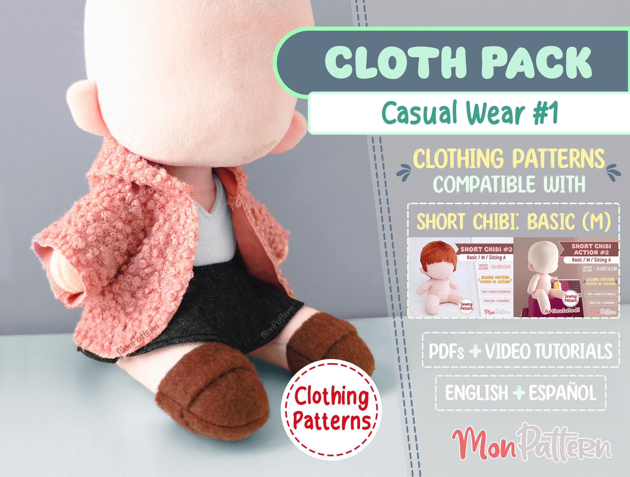 CLOTH PACK - Casual Wear 1 [Schnittmuster Español English] BEGINNER Plüsch-Kleidung (Für kurze Chibi: Basic / M / Sitt A) T-Shirt Rock Mantel