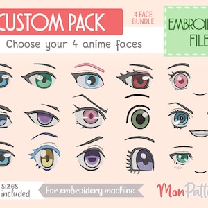 Può includere: Un file di ricamo con vari disegni di occhi di anime in diversi colori, tra cui blu, verde, rosa e viola. Il testo recita "CUSTOM PACK" e "EMBROIDERY FILE". Include 8 misure. Scegli i tuoi 4 volti anime.
